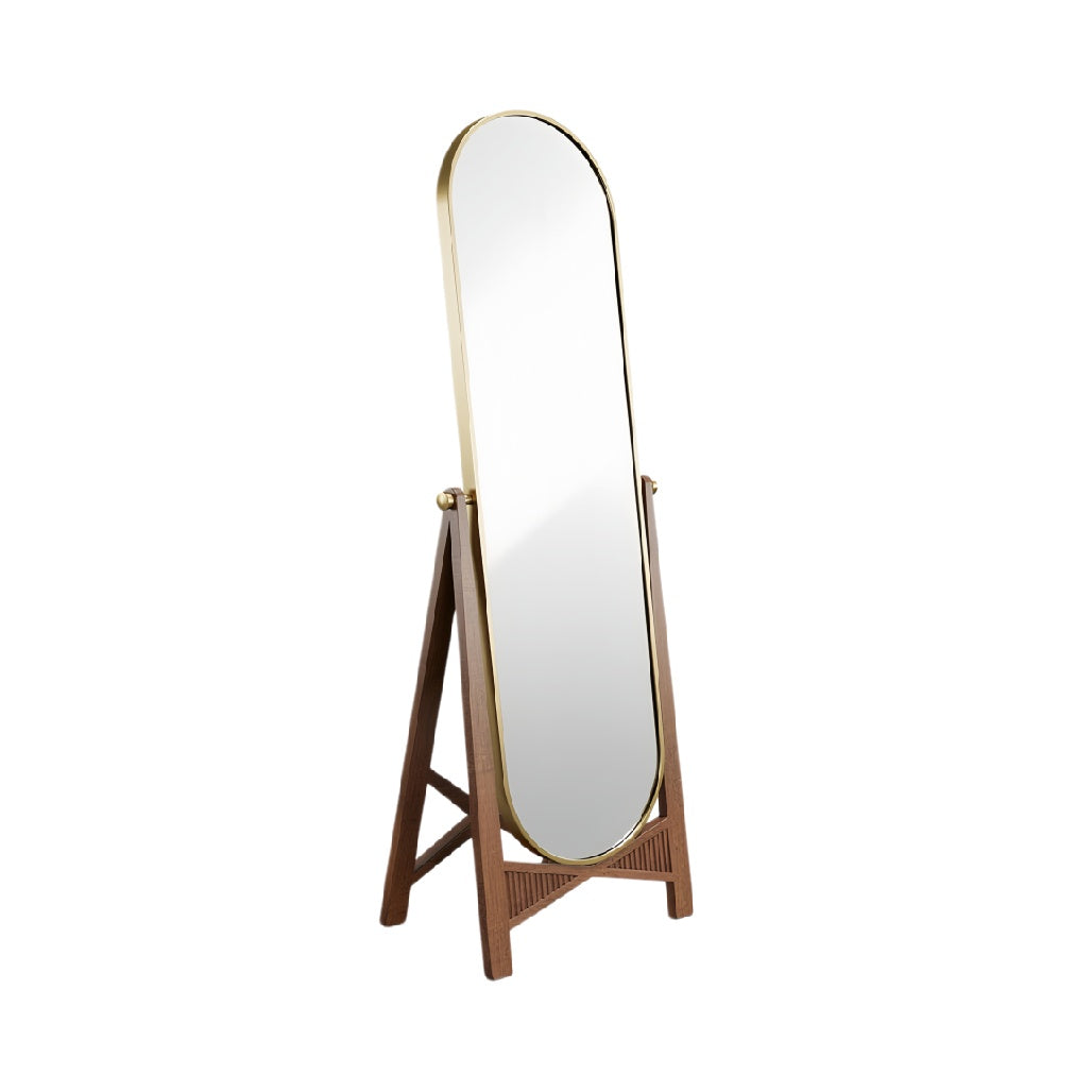 Elegant Freestanding Mirror with Wooden Frame and Gold Accents