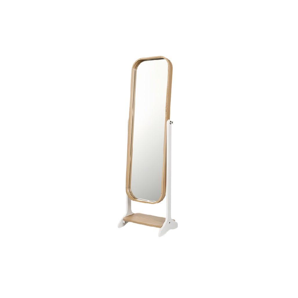 Modern Free-Standing Full-Length Mirror with Wood Frame and Storage Shelf